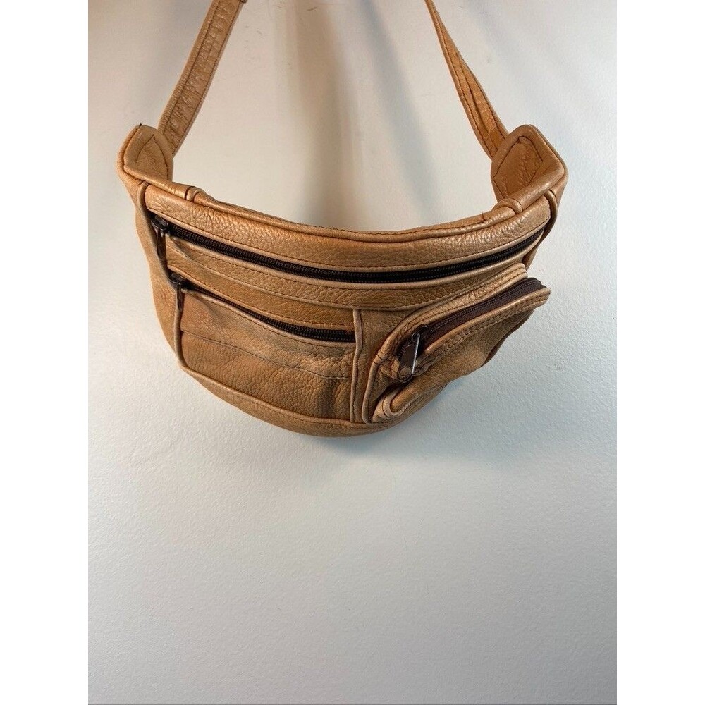 MENS OR WOMENS BROWN LEATHER FANNY PACK 4 OUTER POCKETS ADJUSTABLE STRAP  12X6